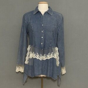 Given Kale Women Top L Blue Denim Lace Ruffle Western Cowgirl Glam Boho Festival